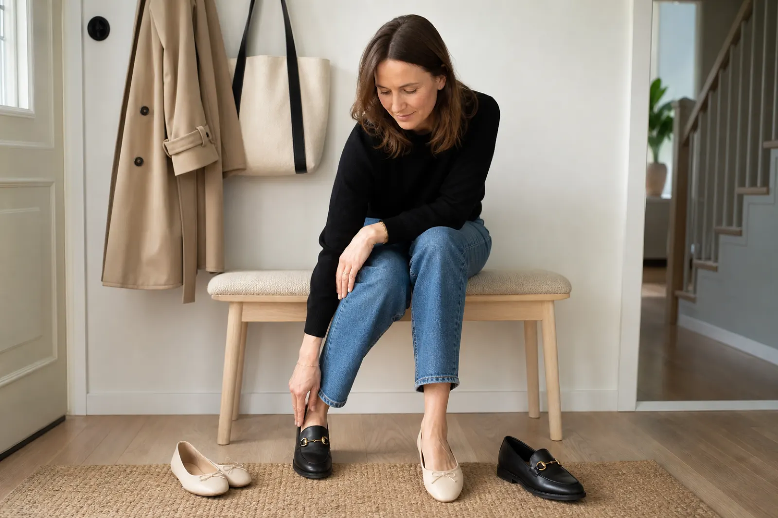 Person som provar svarta loafers med ljusa ballerinaskor som alternativ på golvet