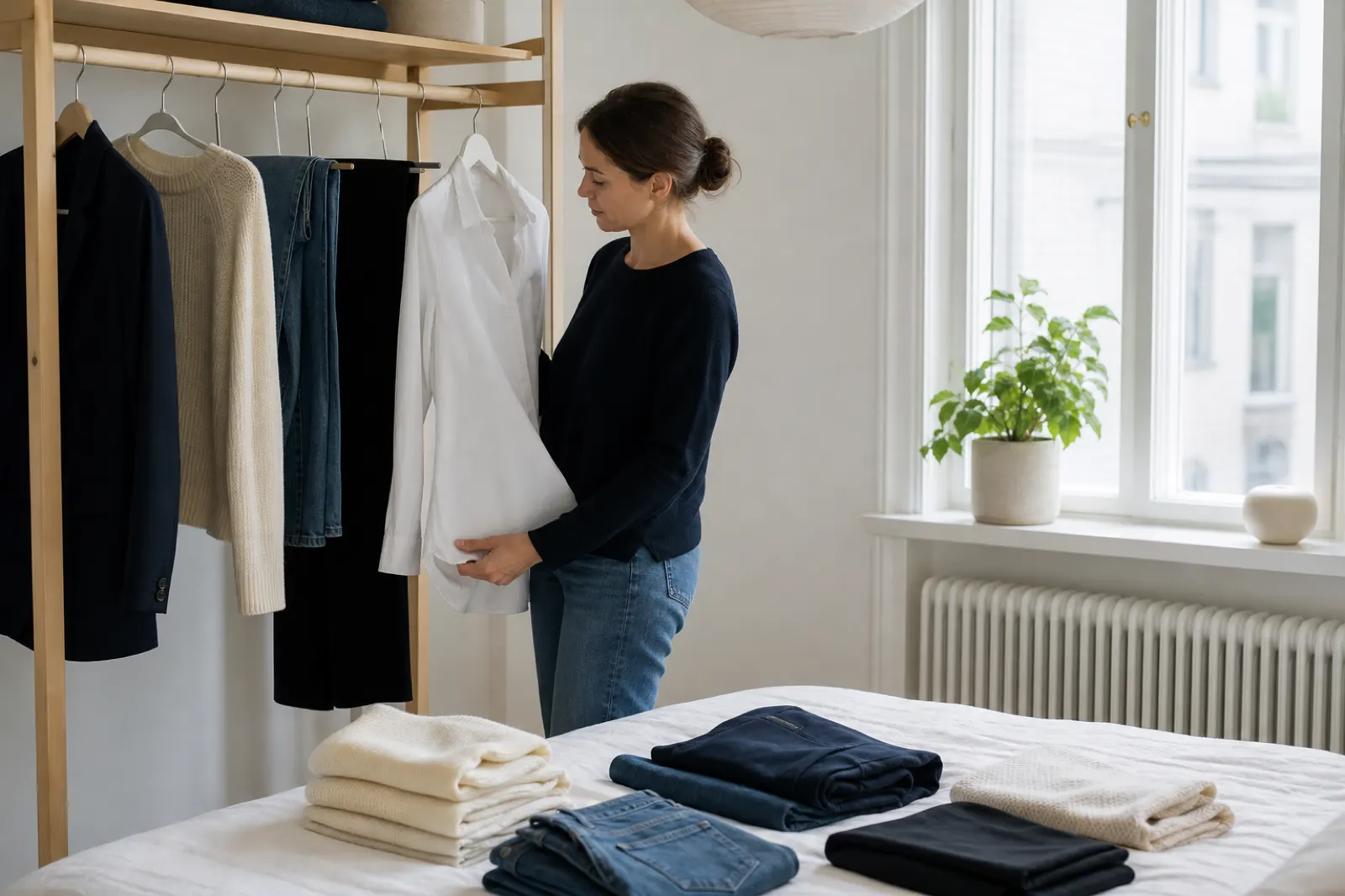 Person som bygger en basgarderob med vit skjorta, kavaj, stickat och jeans