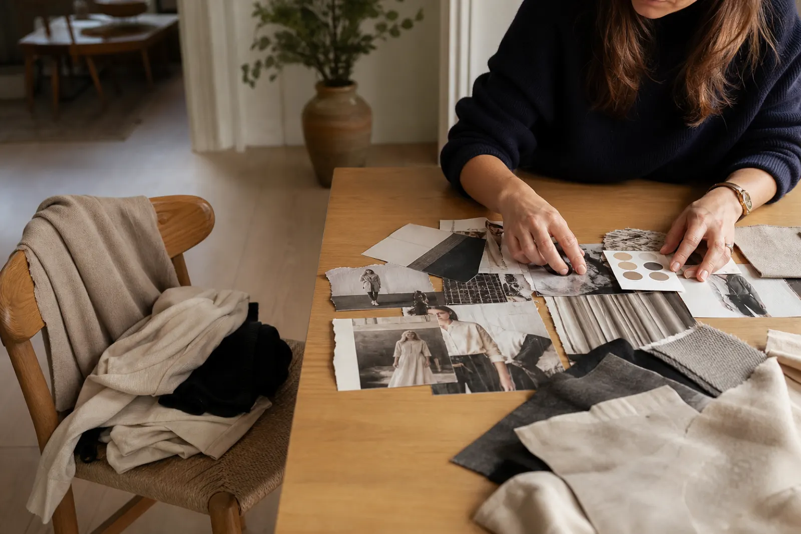 Person som gör en stilmoodboard med tygprover och bilder på ett bord