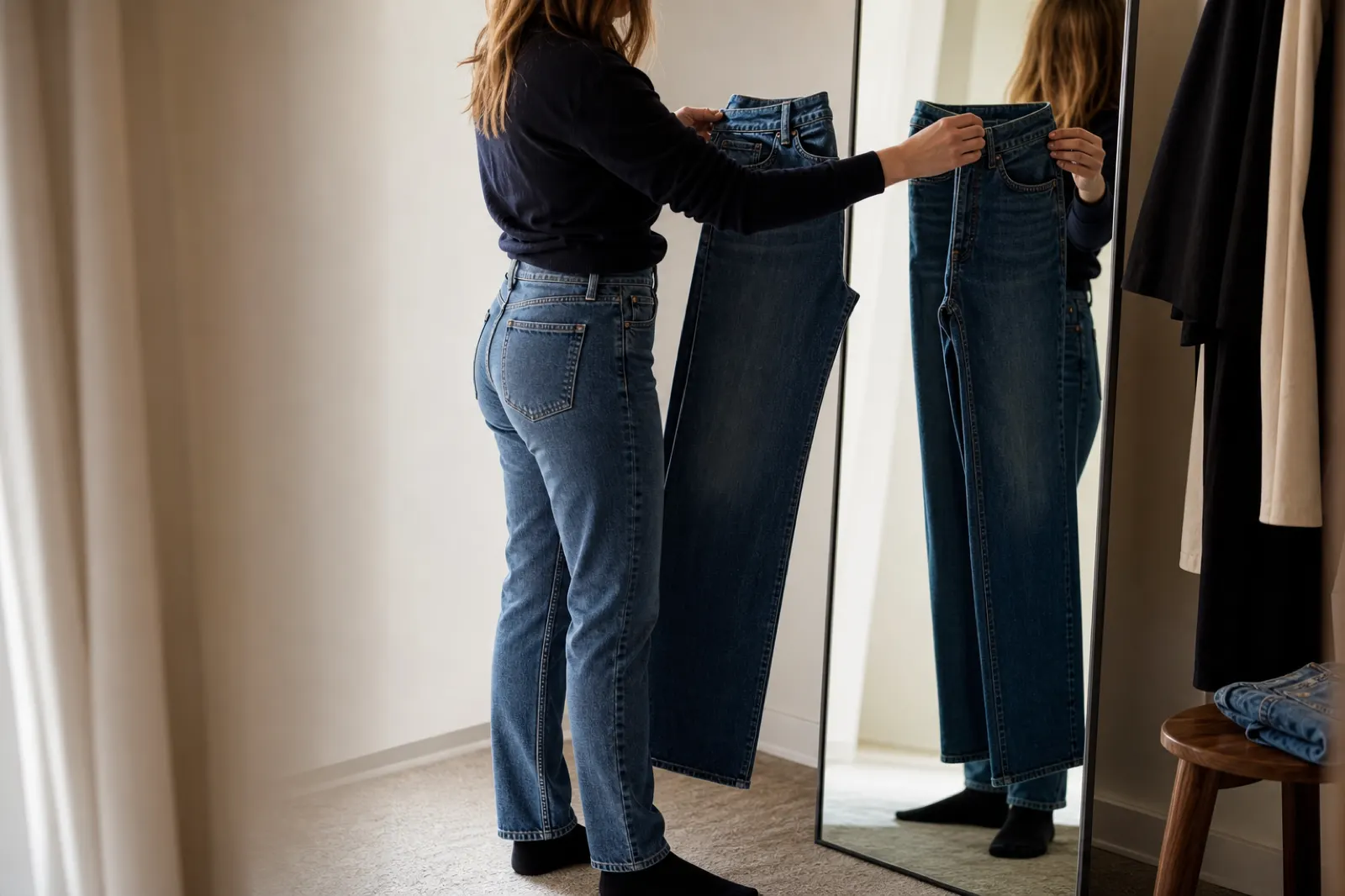 Person som jämför jeans med olika midjehöjd och passform framför en spegel