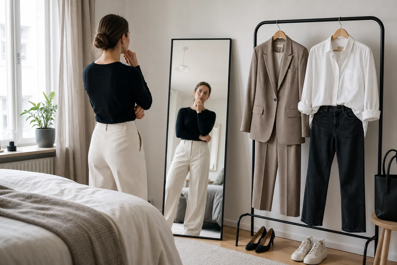 Person som jämför en skräddad kavaj med en vit skjorta och mörka jeans inför olika klädkoder