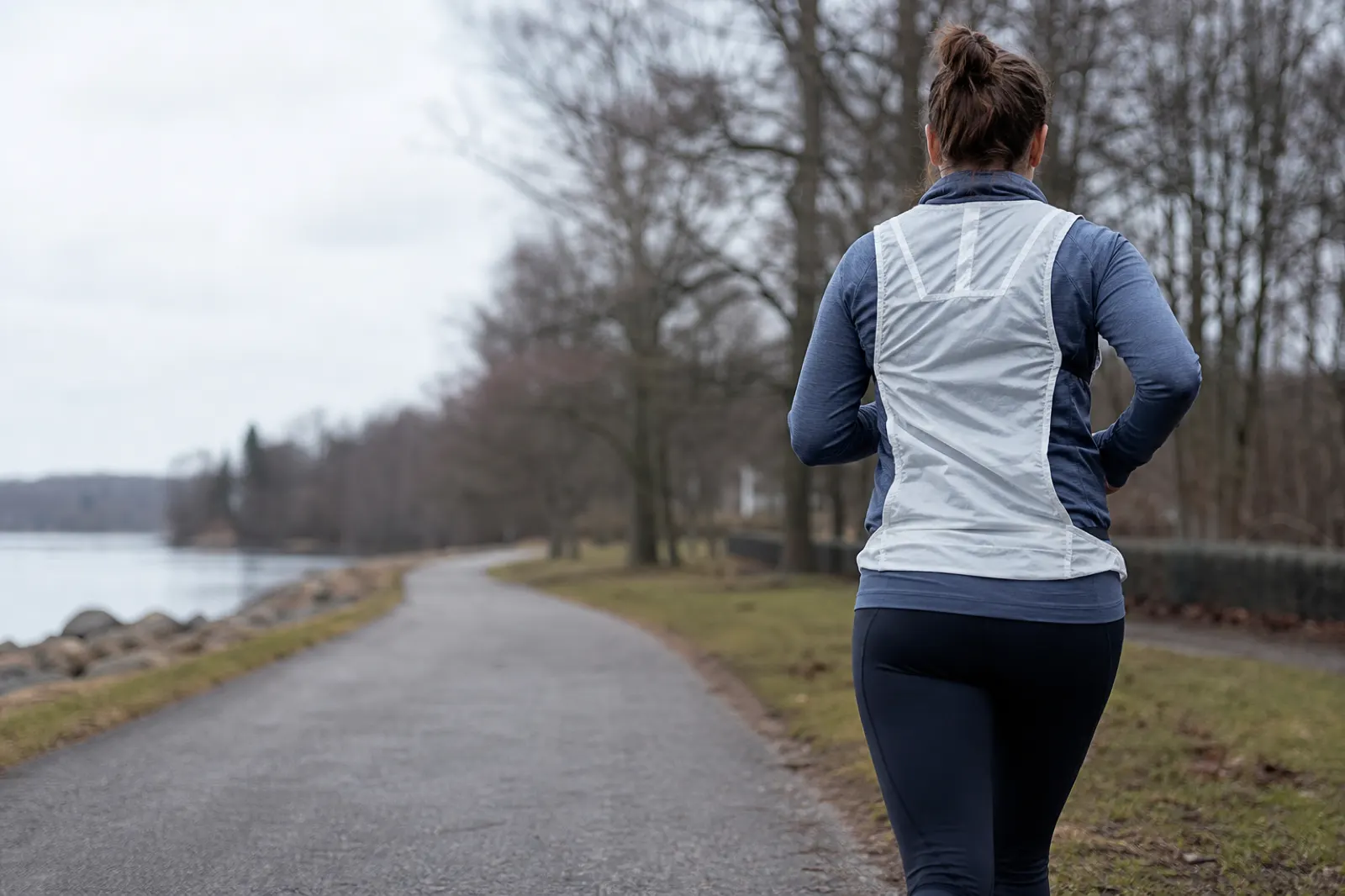 Löpare i flera tunna lager och reflexväst på en grå parkväg
