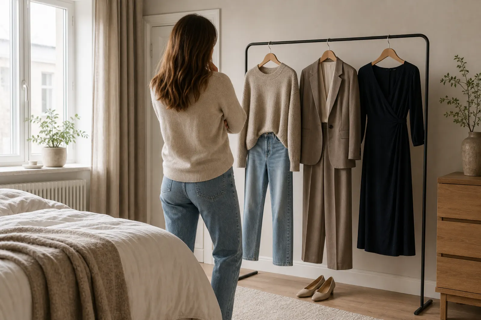 Person som väljer mellan ledig stickad tröja med jeans, kavaj och mörk klänning på en klädställning