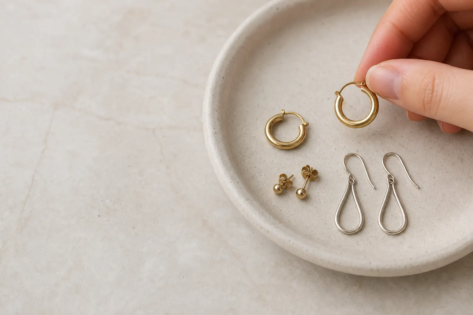 Små ringar, studs och hängande örhängen jämförda på en keramisk bricka