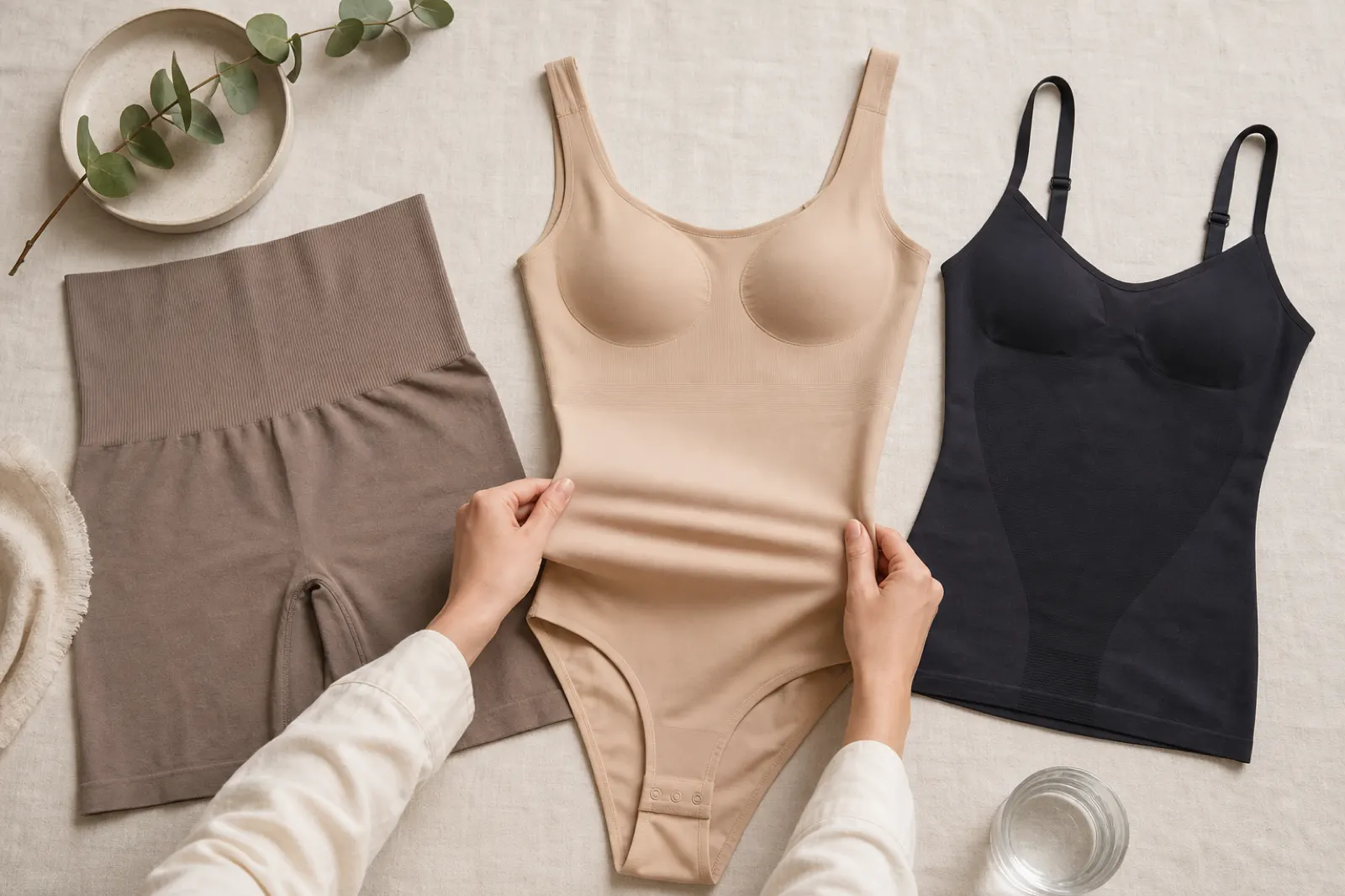 Höga shaping-shorts, en shapingbody och ett slätande linne jämförda på ljust tyg