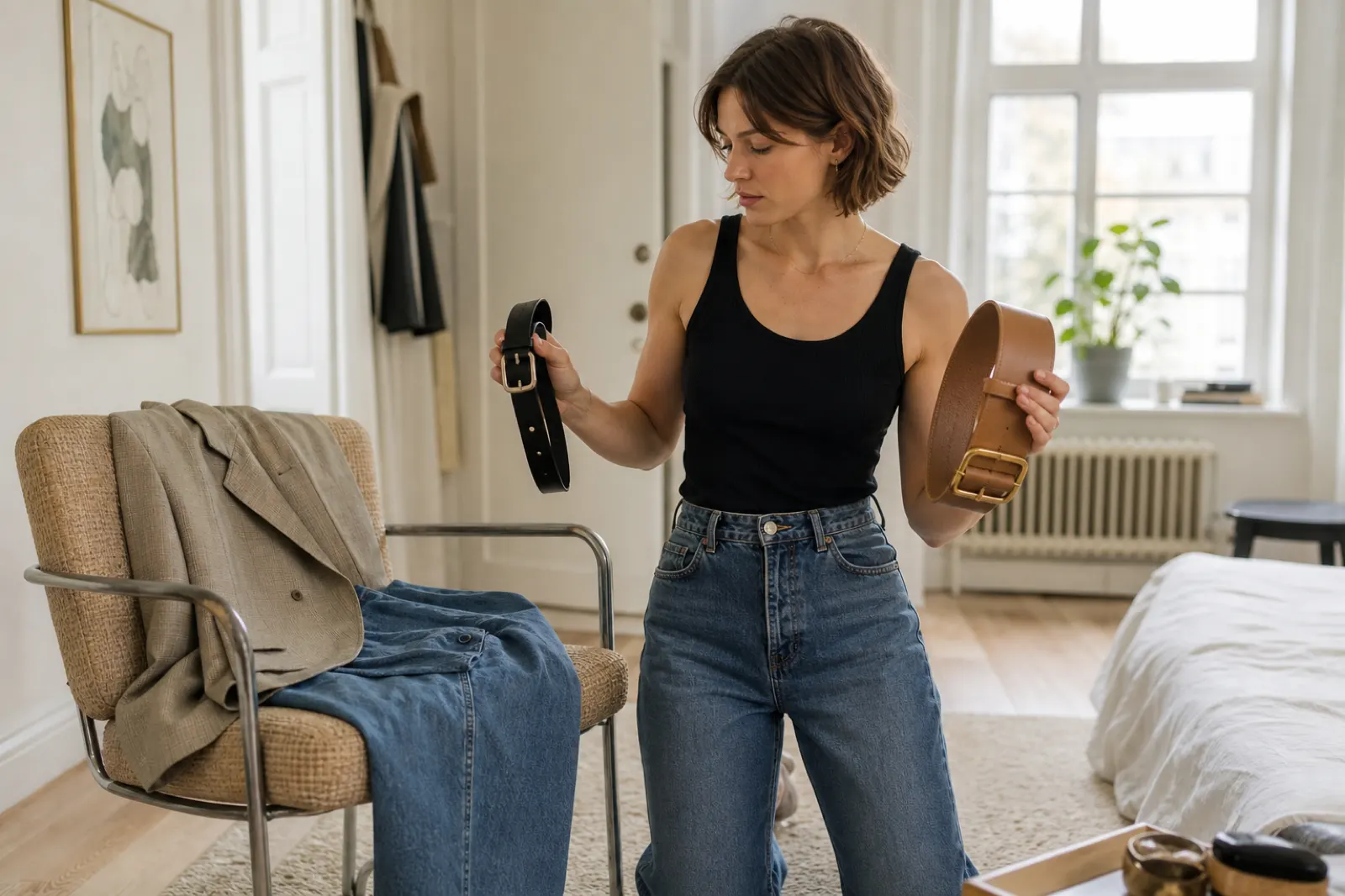 Person som jämför ett smalt svart bälte med ett bredare brunt bälte till jeans och kavaj