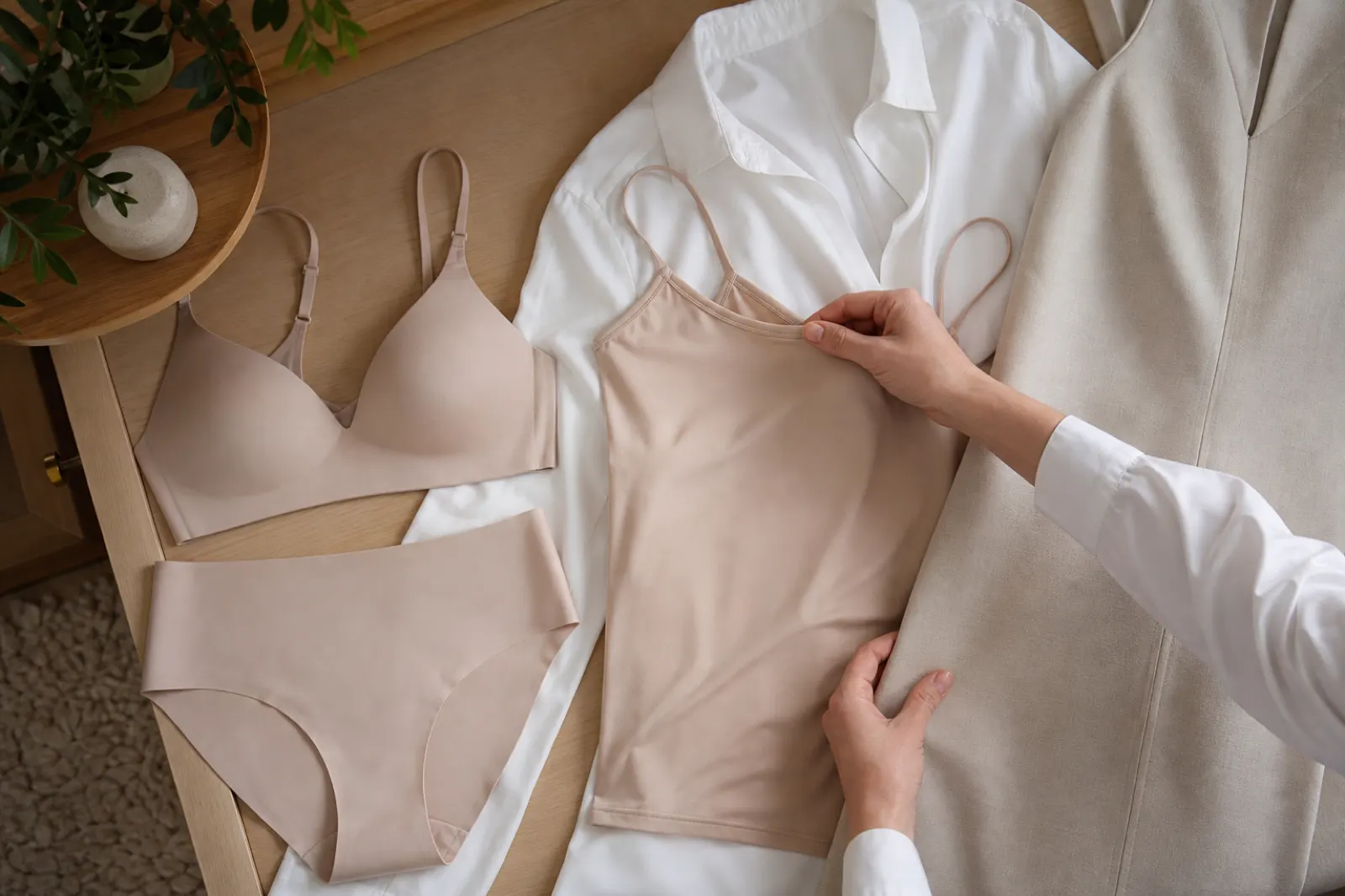 Sömlösa neutrala underkläder och camisole jämförda under en vit skjorta och ett ljust plagg