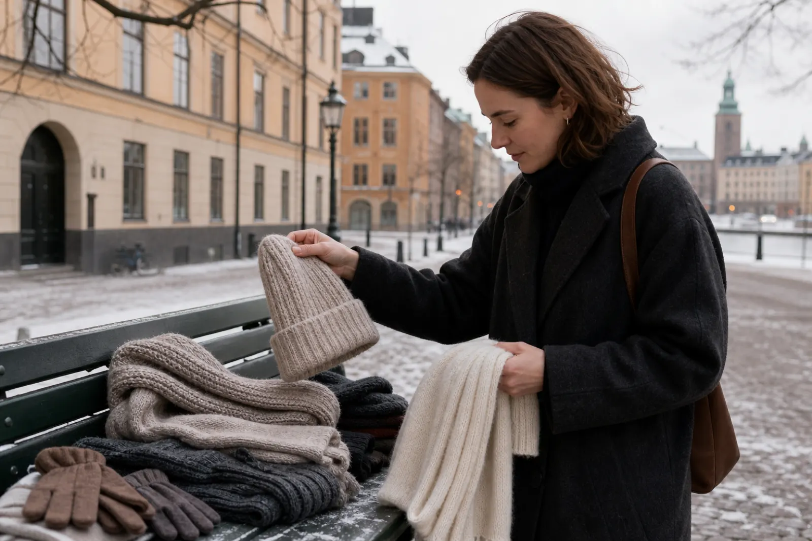 Person som väljer stickad mössa, halsduk och vantar på en vinterdag i stan