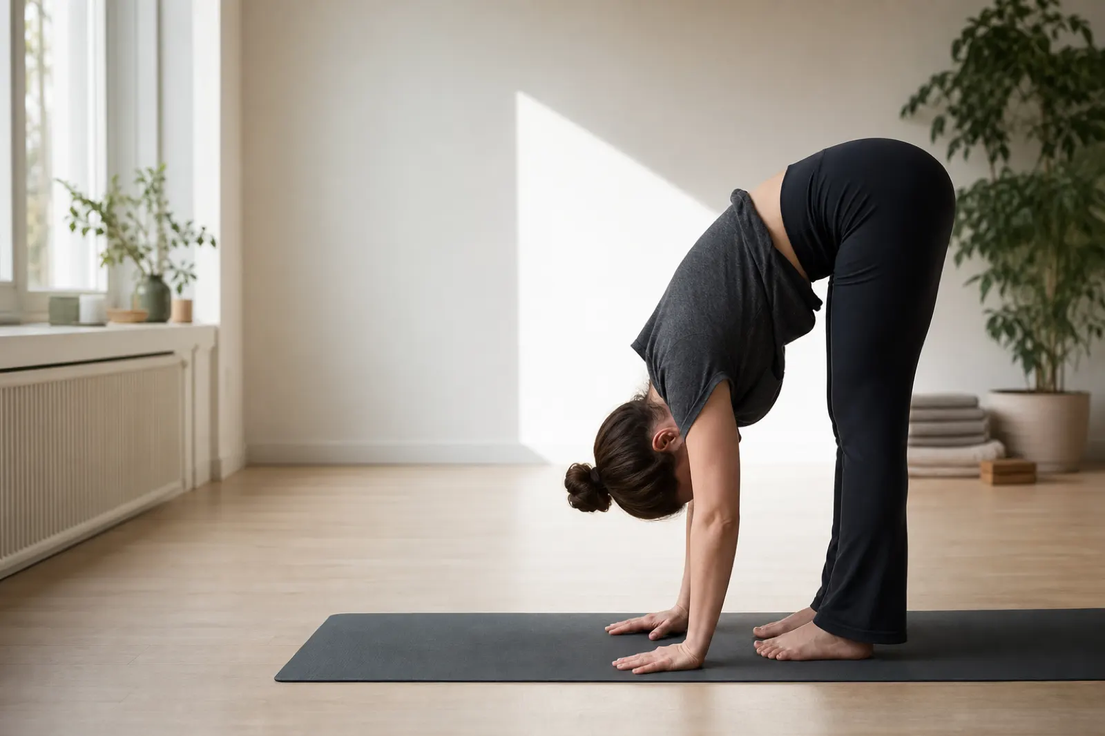 Person i mörka yogakläder som gör en lugn framåtböjning på en yogamatta